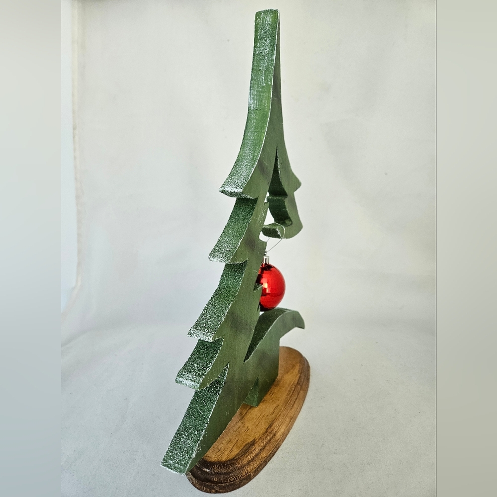 NEW Wooden Christmas Tree With Base Handmade with Red Ornament - Picture 8 of 11